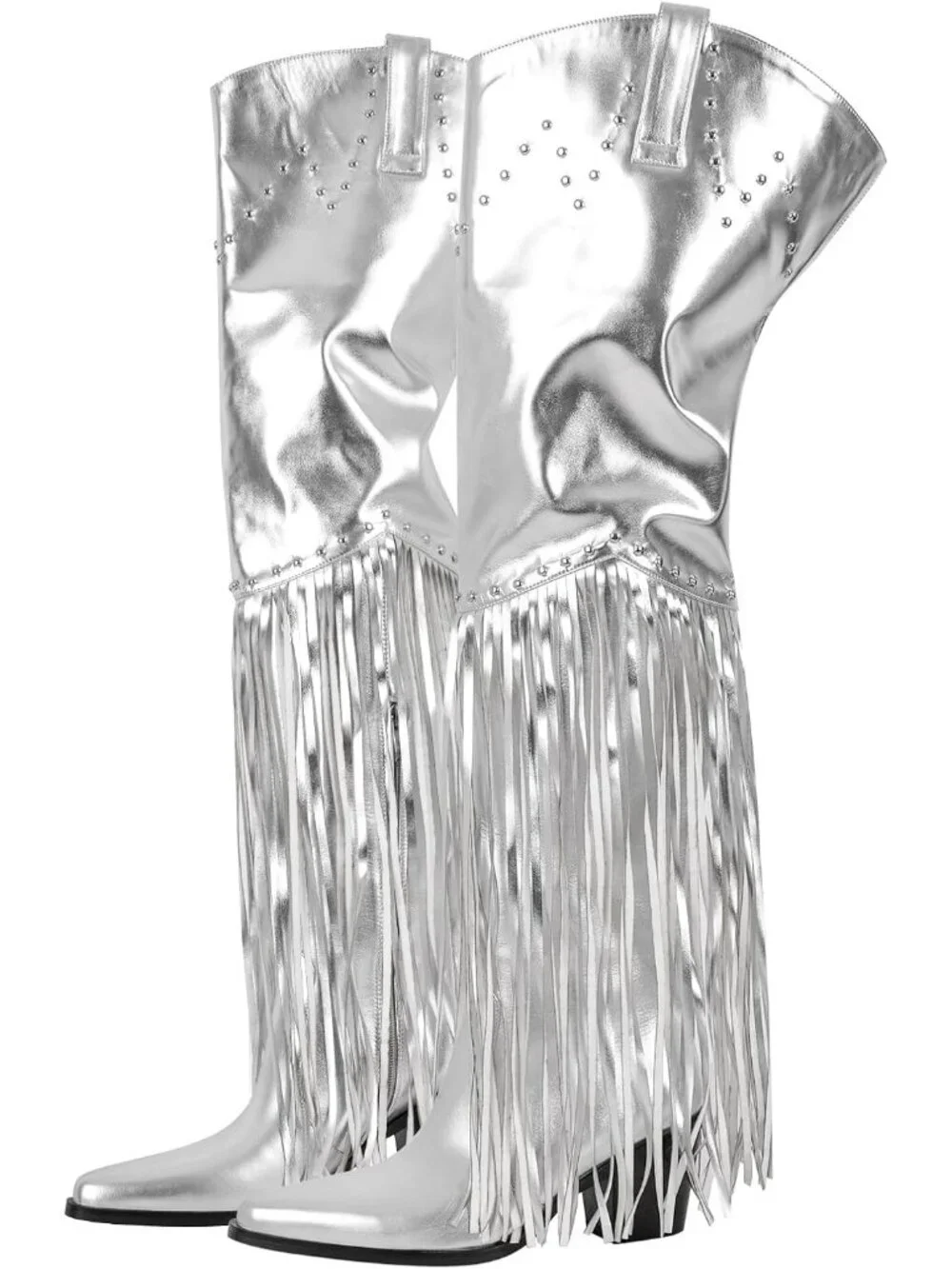 Women's Silver Pointed Toe Fringe Wide Calf Cowgirl Over The Knee High Boots